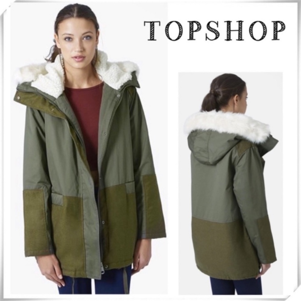 Topshop Parka Faux Fur Lined Military Utility Coat in Olive Military Green